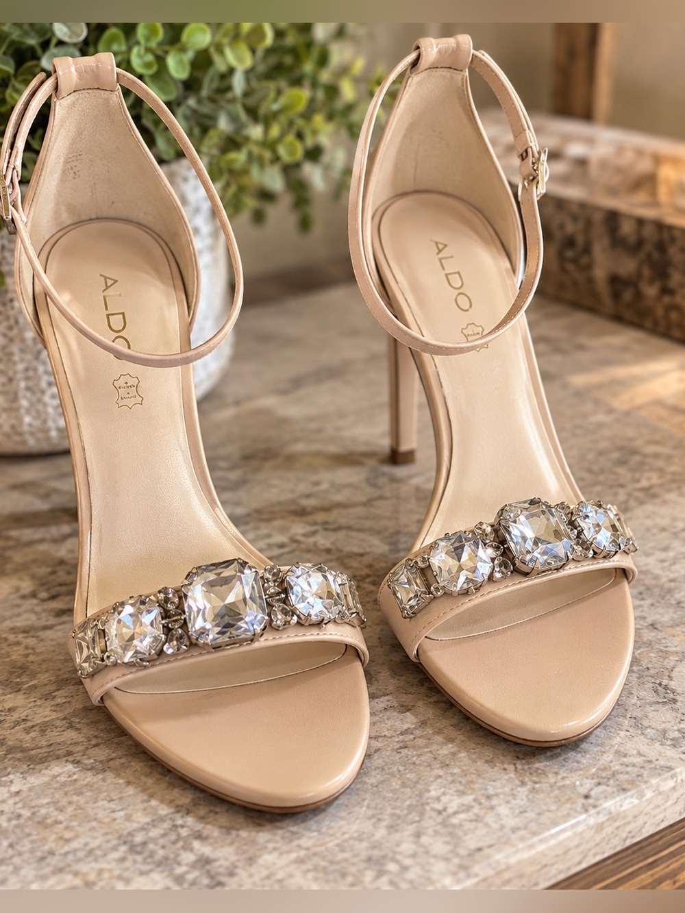 ALDO Nude Rhinestone Gem Ankle Strap Heels – Glam Dress Sandals